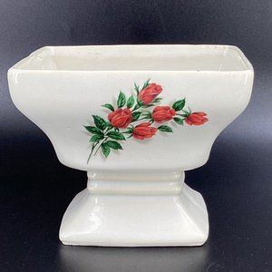 McCoy USA MCM Pottery Red Antique Rose Line Footed Urn Planter Vase EUC